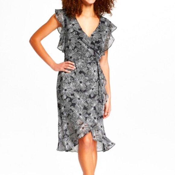 A New Day Black Riffled Faux Wrap Chiffon Floral Dress Sz  XXL NWT - Picture 2 of 12